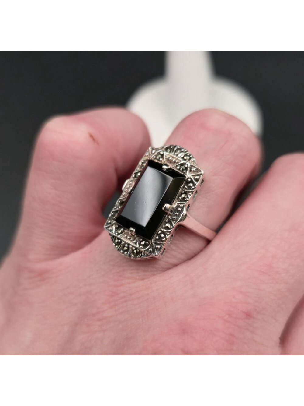 Size 7.5 Sterling Silver Art Deco Sterling Silver Black Onyx Filigree Ring A7488 - Picture 5 of 9